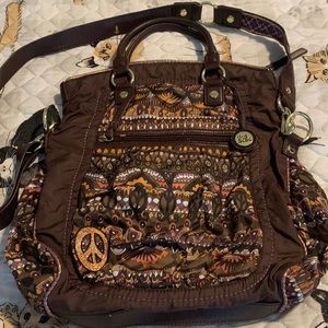 Multicolored handbag with brown leather accents